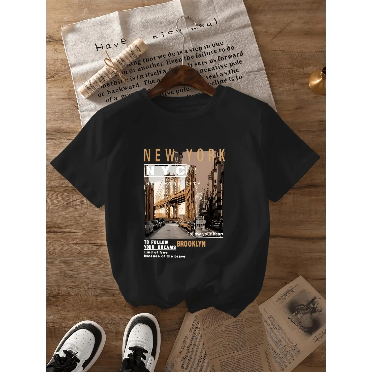 Women Cotton T-shirt Featuring New York City Skyline With Iconic Manhattan View Short Sleeve Crew Neck Casual Summer Outfit Perfect for Spring and Casual Wear