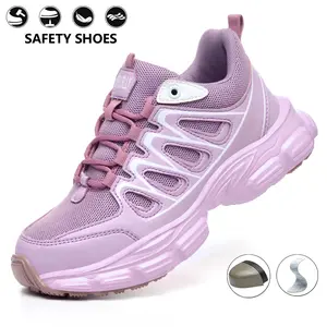 Women’s safety shoes with impact protection, steel toe cap, and Kevlar puncture resistance; pink model is lightweight and breathable, featuring side stripes; suitable for women’s work shoes in warehouses and factories.