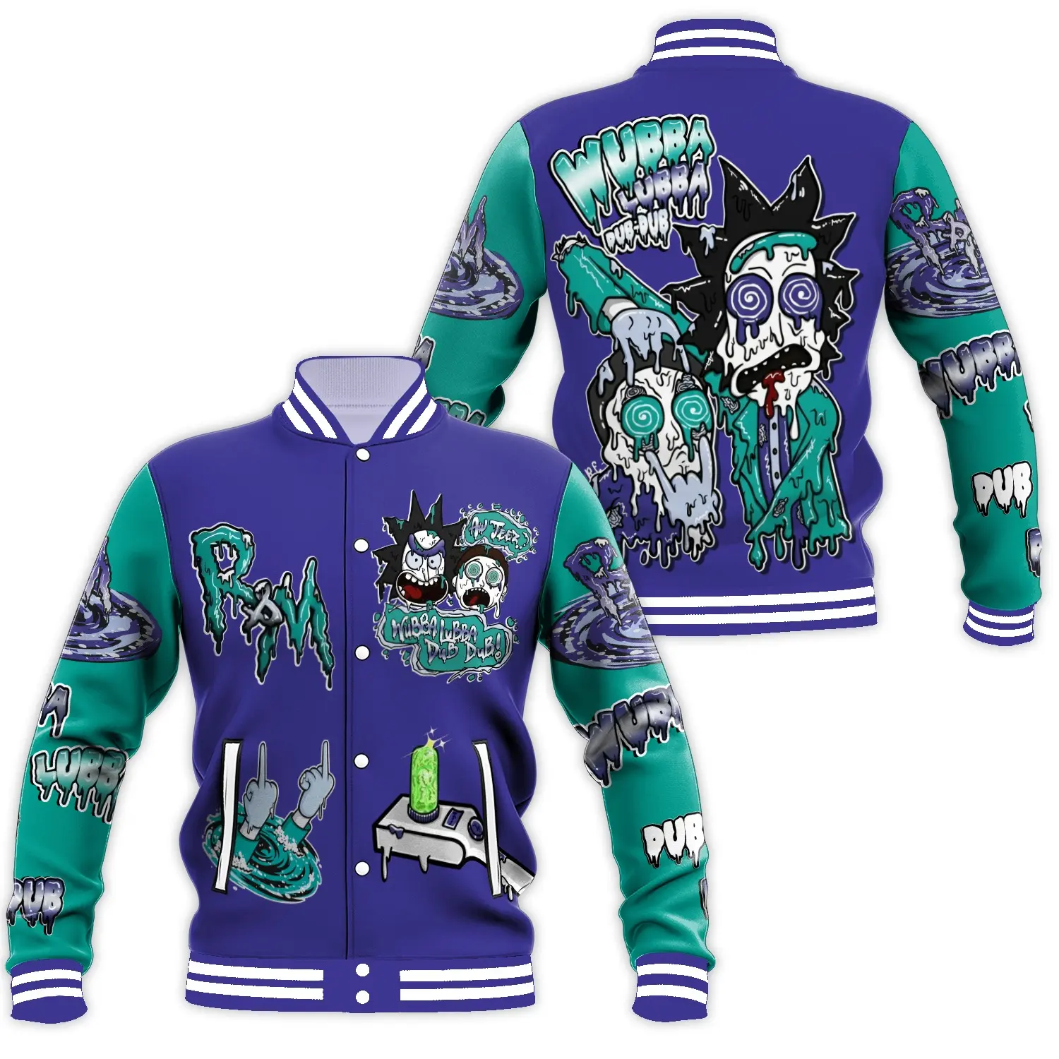 Trippy Wubba Lubba Dub Dub Dripping Slime Back Sci Fi Portal Gun Graphic Snap Button Loose Fit Baseball Jacket Oversized Athletic Outerwear For Fall Winter Spring Daily Sporty Coat