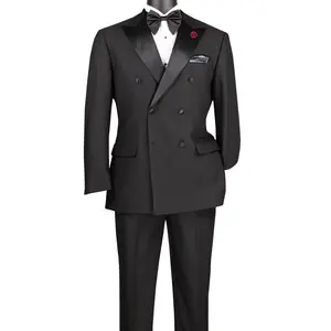 Men’s 2-Piece Double-Breasted Tuxedo with Satin Peak Lapel and Flat Front Pants - Black
