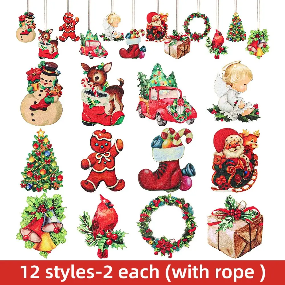 24PCS Wooden Christmas Decorations Set - Handcrafted Santa Claus, Elk, and Snowman Figurines with Jingle Bells and Rope for Hanging - Perfect Outdoor Party Decor and Gift Idea for Holiday Season