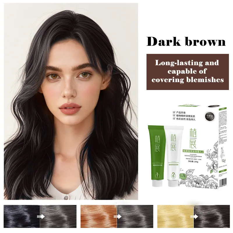 Zhizhan Fragrance Hair Dye Easily covers gray hair with a mild non-irritating formula Infused with plant extracts including Polygonum multiflorum Platycladus orientalis leaves and ginseng roots, it delivers a natural brownish black (dark tea brown) shade.