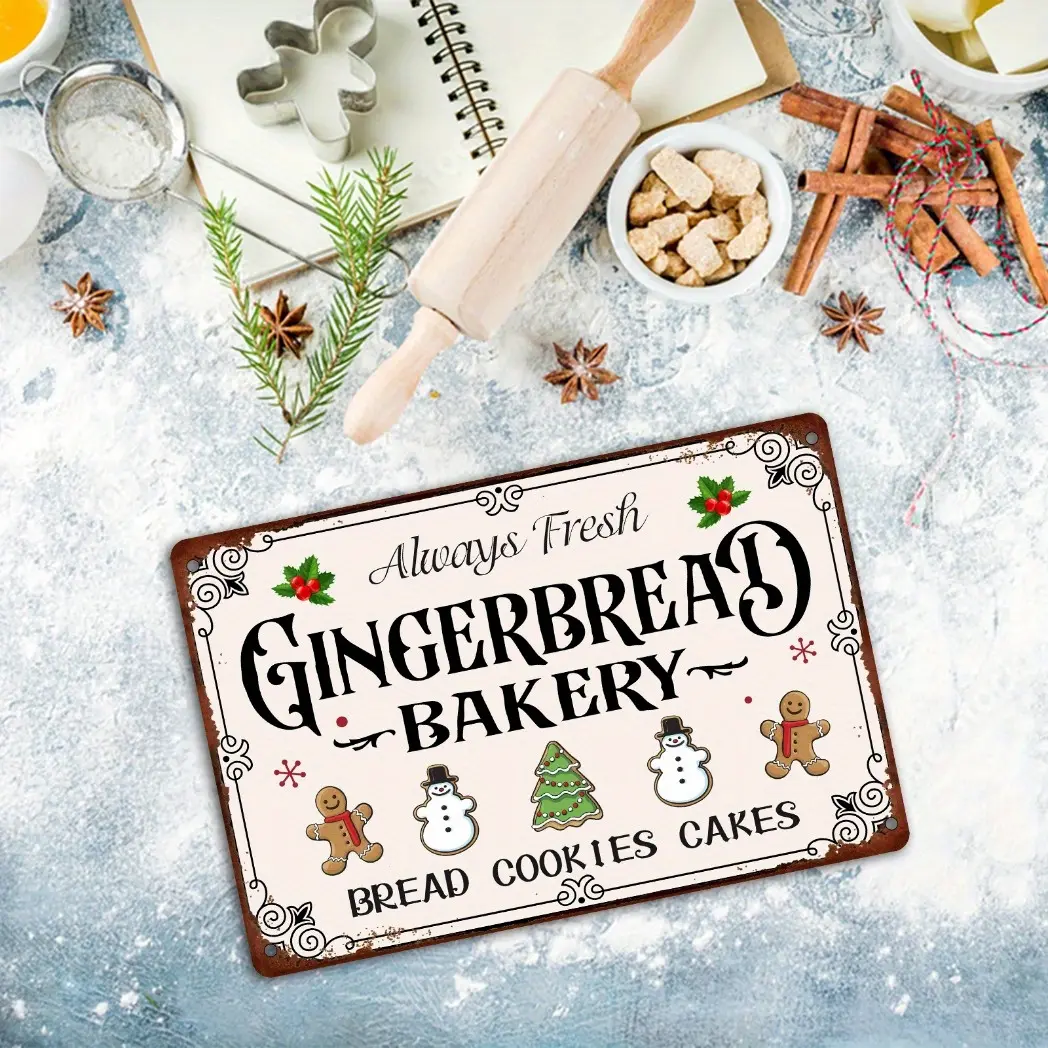 8x12 in Vintage Metal Gingerbread Baking Wall Decor Sign - Secure Pre-Drilled Retro Farmhouse Plaque, Holiday Home Decor Gift