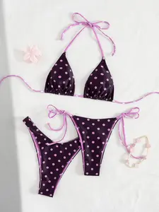 Sexy Fuchsia Purple Polka Dot Bikini Swimsuit Set – 2 Bottoms (Side Tie & Classic) Halter Bathing Suit for Flattering Beach Looks