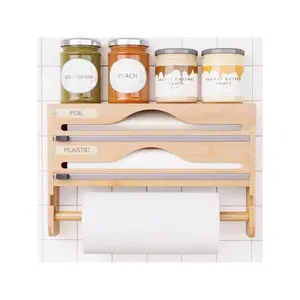 1pc Bamboo Plastic Wrap Dispenser, Aluminum Foil Dispenser With Paper Towel Holder Suitable For Kitchen(Khaki)