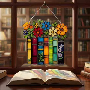 Faux Stained Glass Window Hanging Decor, Book Lover Sock Filler Gift, Perfect for Women, Moms, Teachers, Librarians, Readers, Bookworms