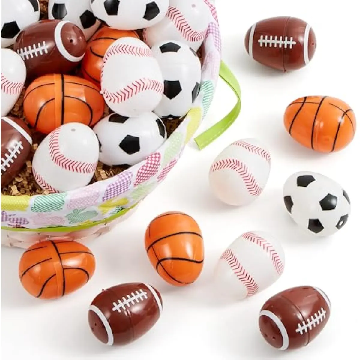 24 Pcs Plastic Easter Egg, 2.3" Assorted Sports Balls Egg Shells for Filling Specific Treats, Easter Theme Party Favor, Basket Stuffers Filler, Classroom Prize Supplies
