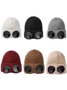 Unisex Solid Color Goggle Lens Design Beanie Hat, Knitted Winter Hat, Casual Soft Comfortable Beanie for Fall & Winter, Fashion Accessories for Both Men & Women