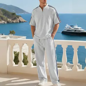 Men’s summer half-zip stand collar casual set: short sleeves with side stripes + wide-leg pants two-piece outfit, sporty vacation easy-wear look