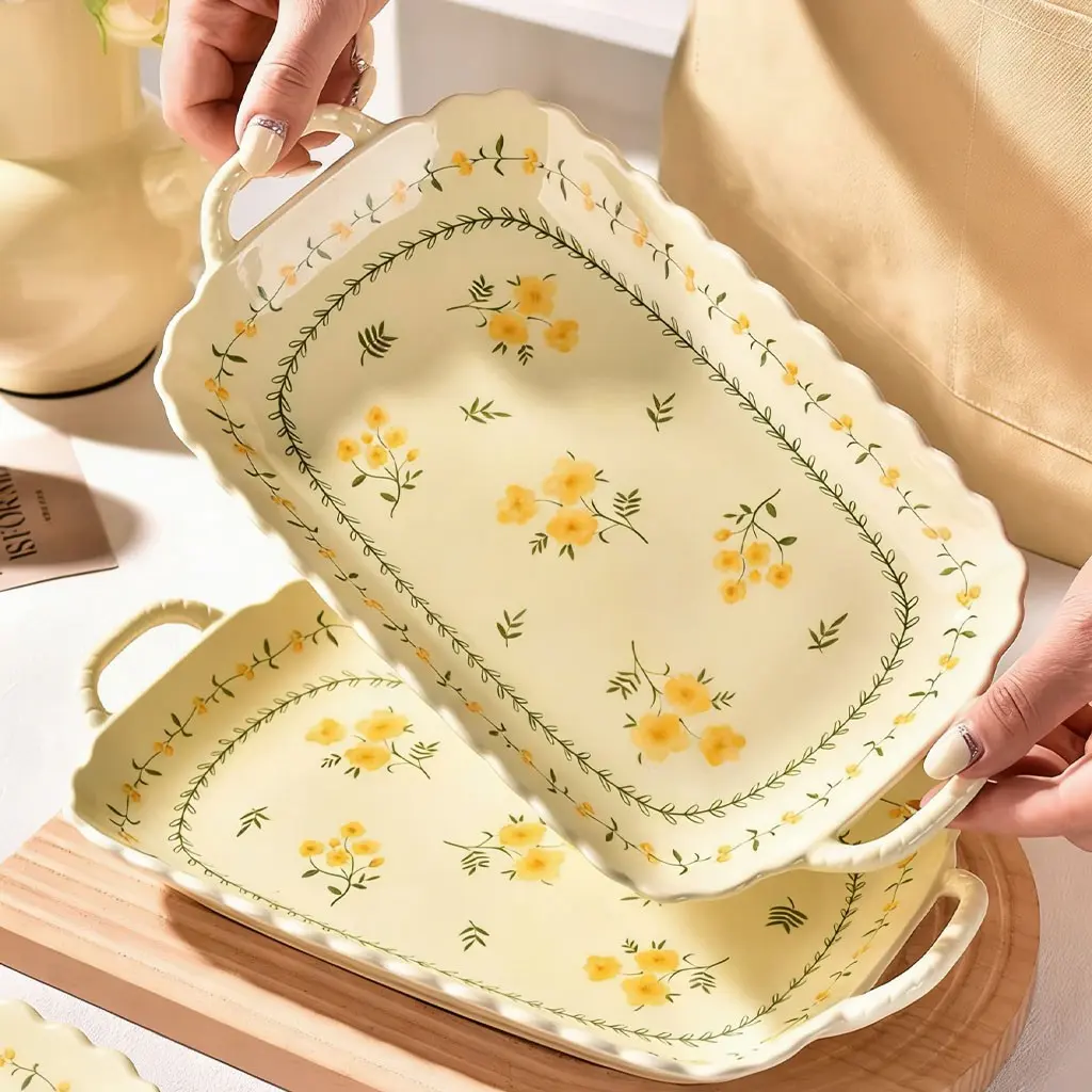 2/4 pieces of 12 inch ceramic fish plates, sushi plates, Salad serving plates, Decorative plates, yellow floral pattern, easy to hold with double ear handles without burning hands, can steam fish, serve dishes, microwave safe, machine washable