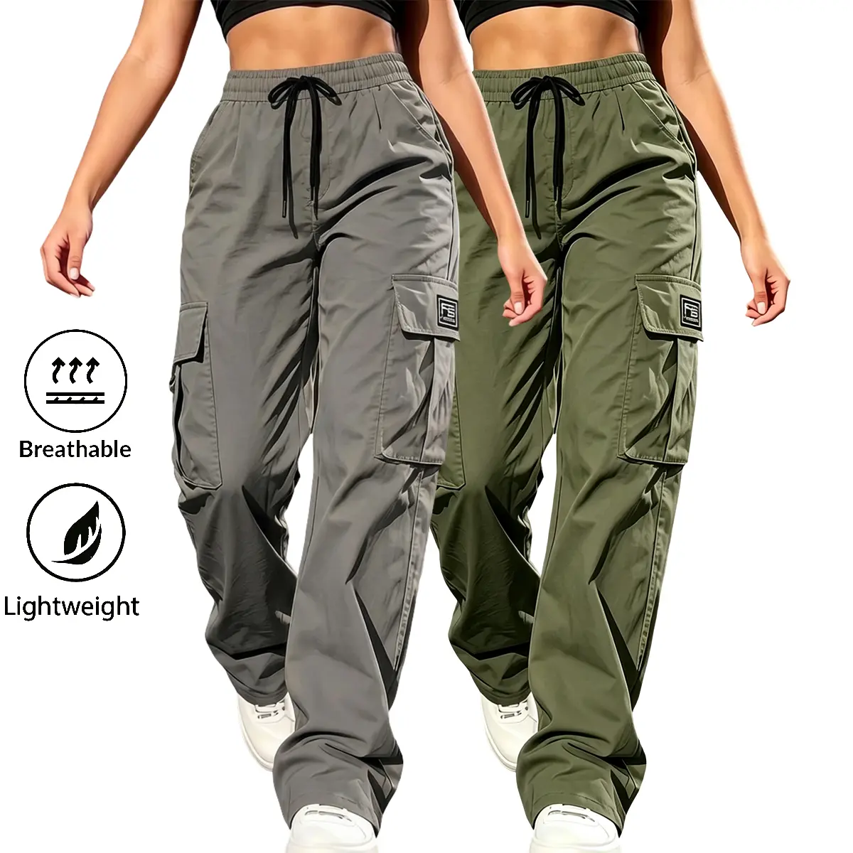 Women’s two-pack straight-leg casual athletic pants with an elastic drawstring waist and side patch pockets; skin-friendly, soft, retro, distinctive design; suitable for commuting, vacations, home wear, and everyday leisure.