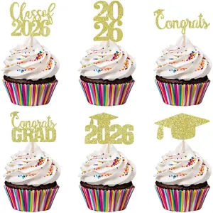 30Pcs Gold Glitter Graduation Cupcake Toppers 2026 Class Of 2026 Graduation Cupcake Toppers Picks 2026 for Gold 2026 Graduation Party Cake Decorations