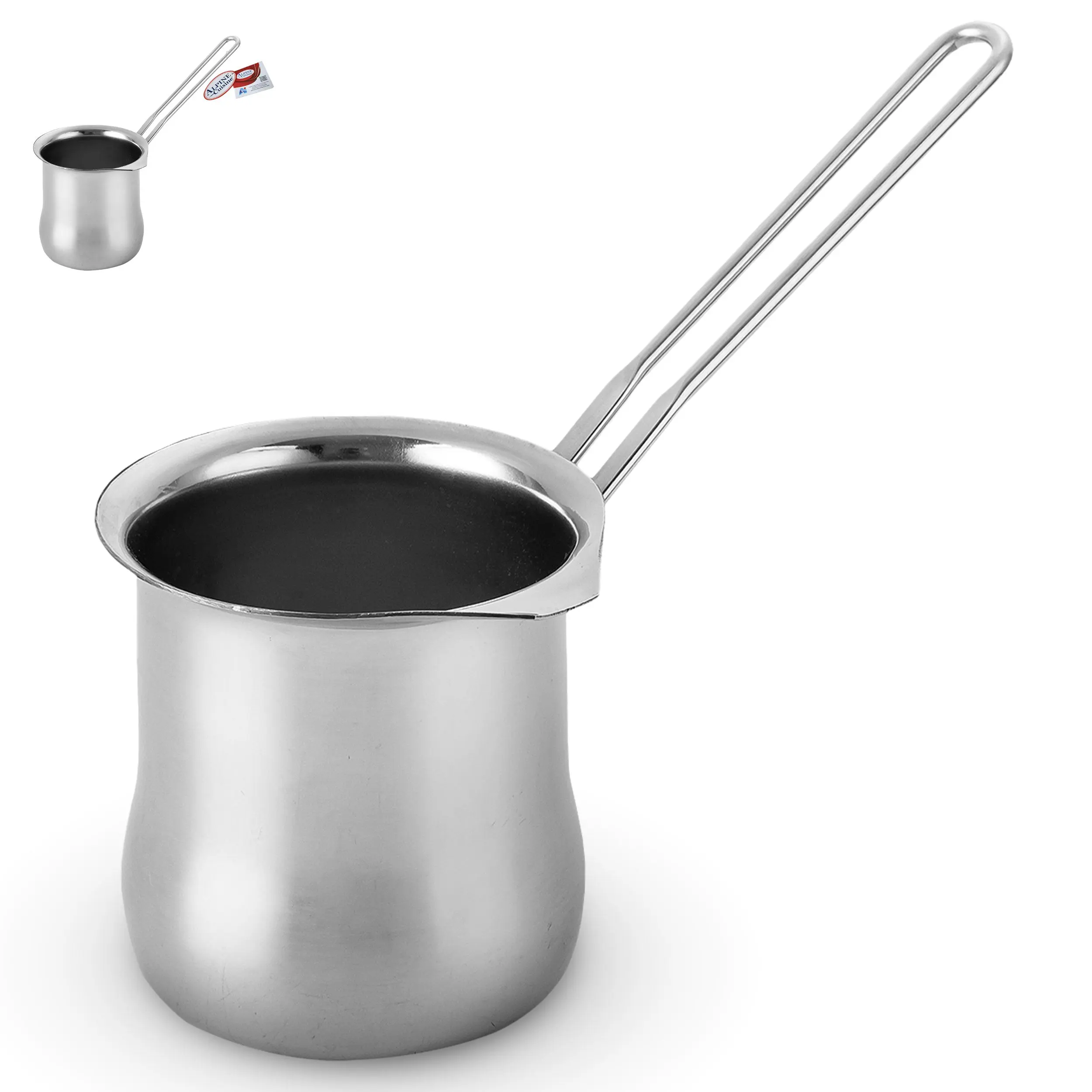 Alpine Cuisine Stainless Steel Coffee Warmer, 31oz with Ergonomic Hanging Handle - Turkish and Greek Coffee Maker, Butter Warmer, and Milk Pot for Home & Cafe Heating and Melting