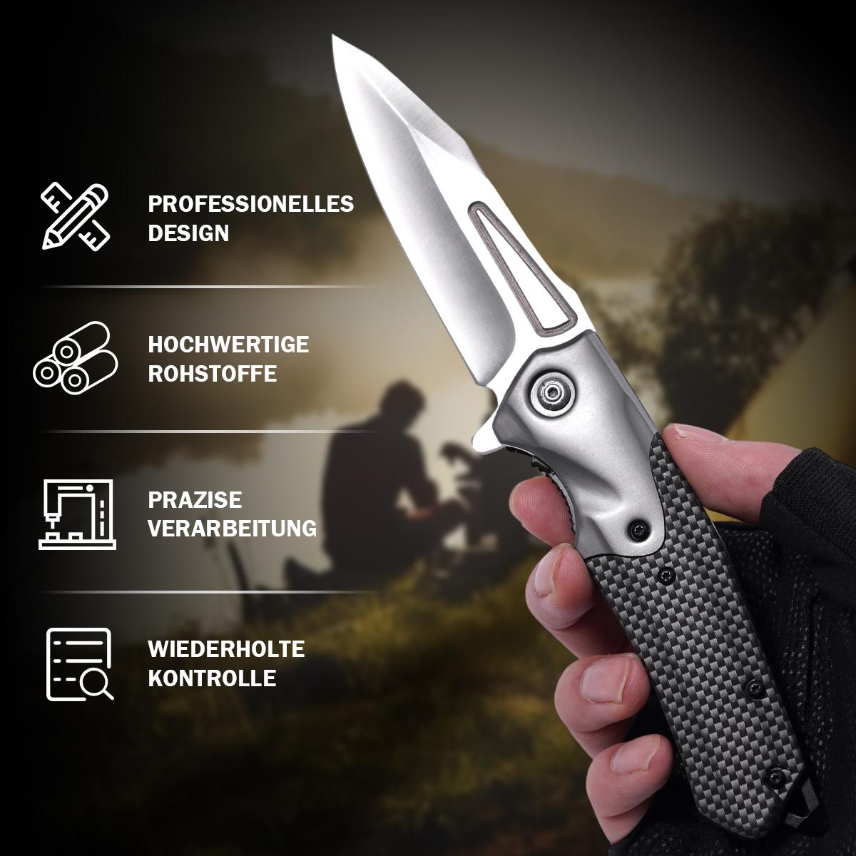 Sleek EDC Folding Knife with Carbon Fiber Texture, Reliable Outdoor Gear for Camping & Bushcraft
