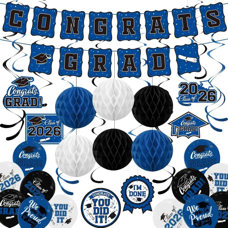 Blue Graduation Party Supplies Kit - Festive Decor Set with Congrats Grad Banner, Class of 2026 Hanging Swirls, Graduation Balloons, Honeycomb Balls - Ideal for High School Celebrations, Gift Option