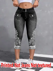 Lace Print Skinny Pants Non-Denim Fabric, Women's Seven-Inch Bottoms, Casual Fashion, All Seasons Wear, Comfortable Fit