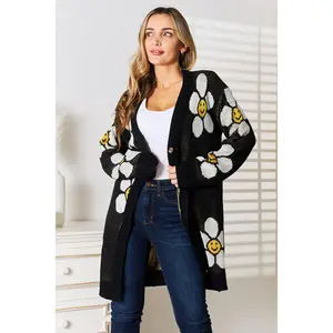 Floral Button Down Longline Cardigan with daisy flower design LONG Sleeve Womenswear