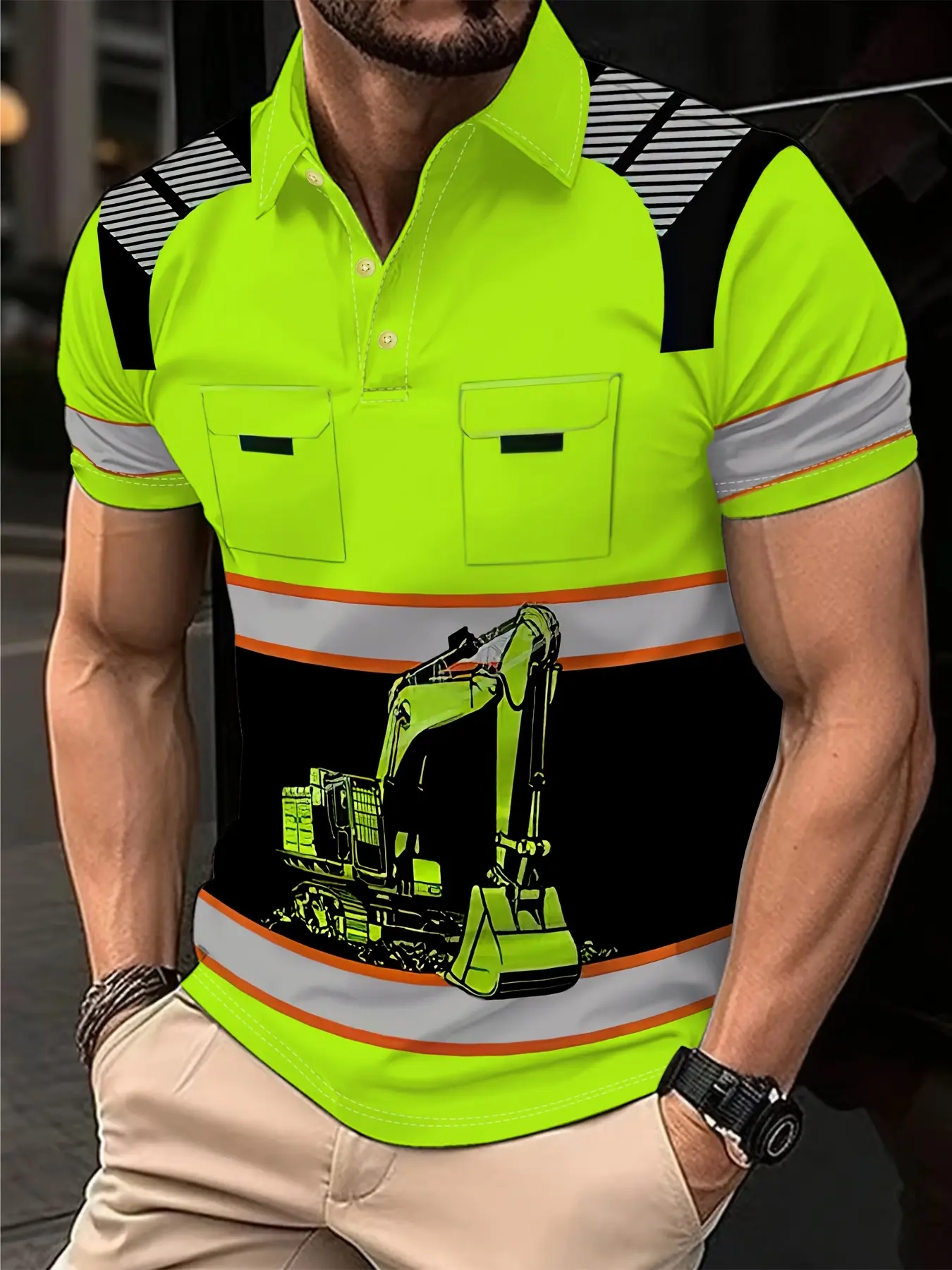 Men's excavator pattern casual short-sleeved shirt