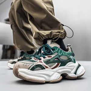 GGOR Men'S Trendy Dad Shoes Featuring a Green And Brown Patchwork Design, Low-Top Laced Style, Thick Soles That Add 1.97inch in Height, Ultra-Lightweight, And Uniquely Designed for Casual Outings, Stylish Outfits, And Light Sports Activities