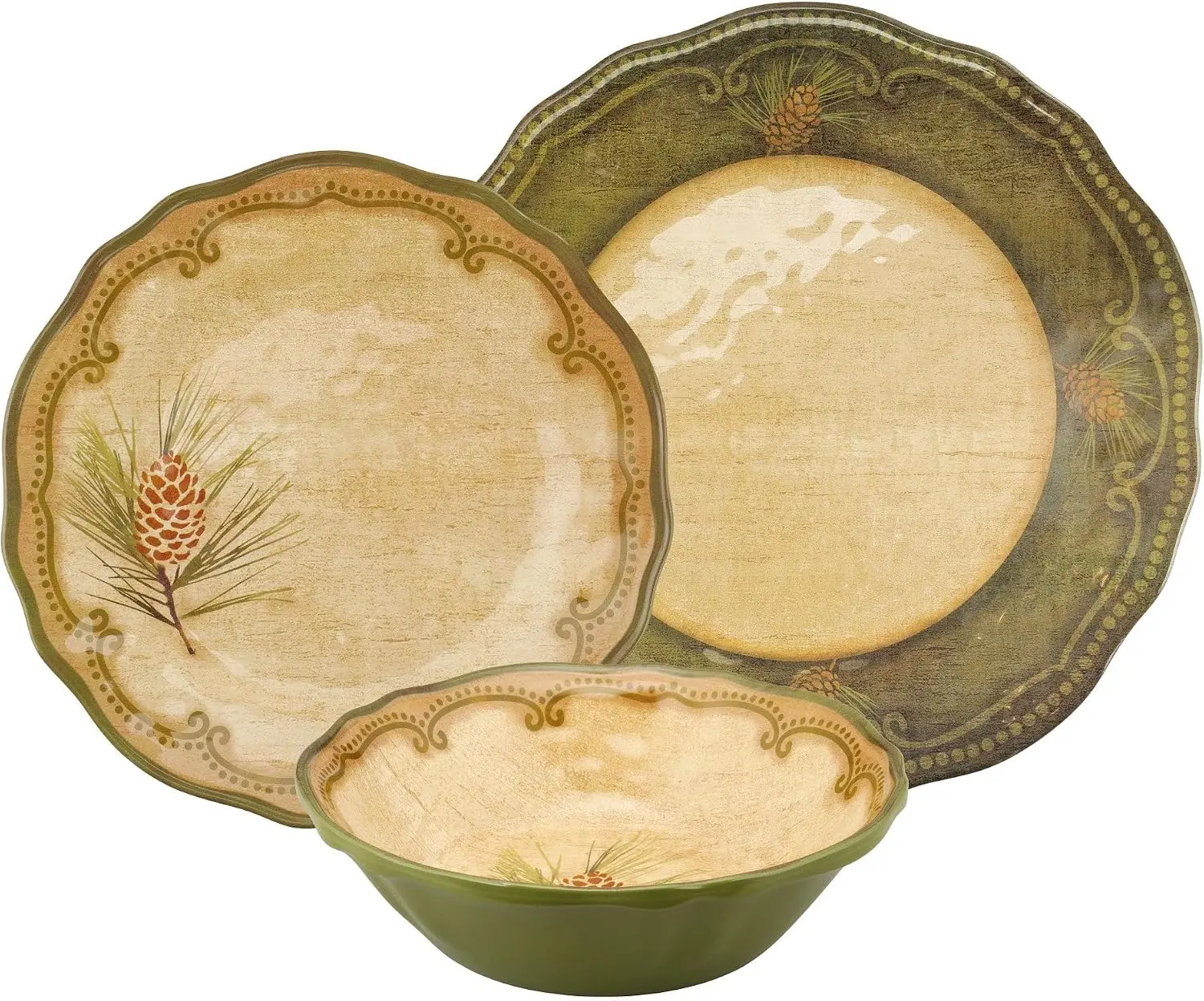 12 Piece Woodland Pinecone Melamine Dinnerware Sets, Outdoor Dishes Set, Plates and Bowls Sets, Service for 4, Dark Green