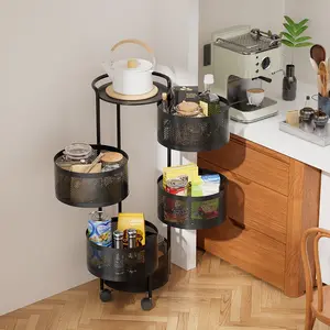 Five-layer rotating storage rack with wheels |   Black iron fruit and vegetable storage rack, mobile multi-functional cart for kitchen/bathroom/living room, polished steel edges, freestanding, very suitable for home use, floor stand