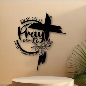 Iron Wall Art Decor with Cross Pattern and Letter Design, Hand Engraved Decorative Wall Hanging for Home Office Kitchen Garden Store Cafe Farm Religious Altar Themes, Religious Decoration