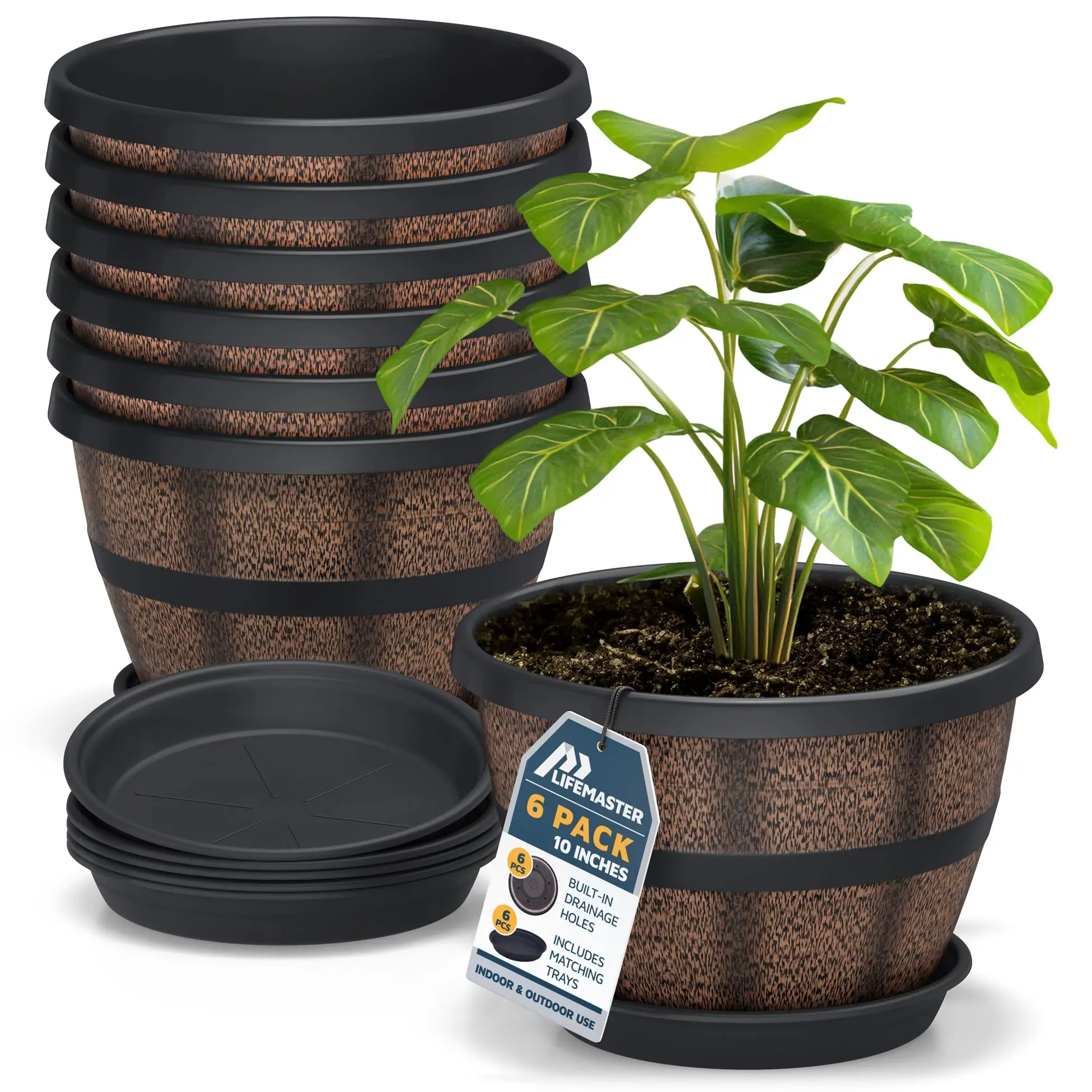 10-Inch Whiskey Barrel Planters Outdoor Pack of 6, Plastic Decoration Plant Pots for Indoor & Outdoor Use with Drainage & Saucer, Rustic Garden Planters for Flowers, Small Plants & Herbs