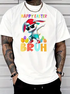 Men'S Casual T-Shirt Featuring a Trendy Design of a Dabbing Bunny with Glasses, Perfect for Easter. It Includes Colorful Eggs And Is Ideal for Adults As a Holiday Gift for Casual Wear