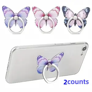 Cute Butterfly Pattern Phone Ring Holder Stand, 360 Degree Rotation Metal Finger Support, Secure Grip, 2 Pieces Set
