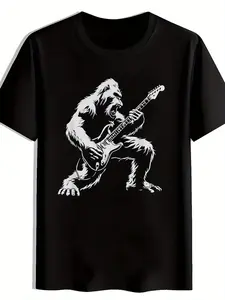 2026 Men's Music Theme Gorilla Playing Electric Guitar T-Shirt, Casual Crew Neck Short Sleeve Tee, Digital Print Loose Fit Tops, All-Season Fashion for Music Lovers & Daily Wear
