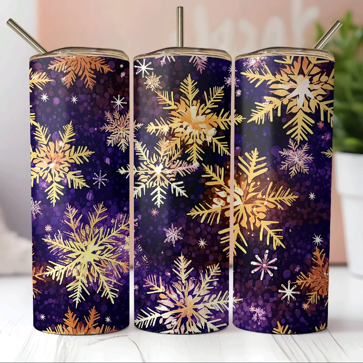 Gold Snowflakes Purple • 20oz Tumbler Stainless Steel Cup Sublimation Winter Christmas Drinkware Flask