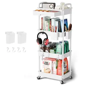 4 Tier Rolling Cart Organizer,Art Craft Diaper Bedside Snack Laundry Room Bathroom Organizer Narrow Thin Slim Rolling Trolley Utility Cart with Wheels for Kitchen,Office(White)