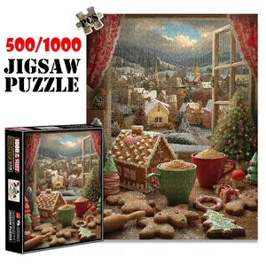 1pc 1000 piece adult puzzle 70x50cm Christmas View from Window with Gingerbread House, Cookies & Hot Drinks 500 pieces of paper jigsaw puzzle, suitable for adults and families, large-scale DIY pu
