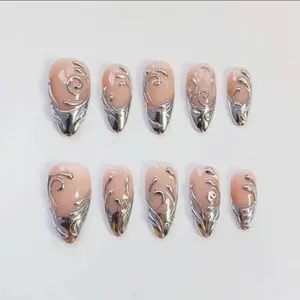 3D Silver Chrome Press On Nails Handmade French Nail Art Gif For Her