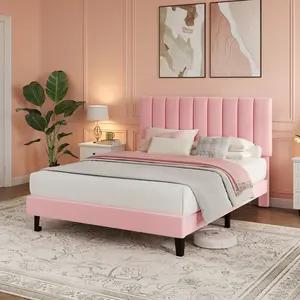 Full Size Bed Frame, Velvet Upholstered, Adjustable Tufted Headboard, No Box Spring Needed, Easy Assembly, Pink