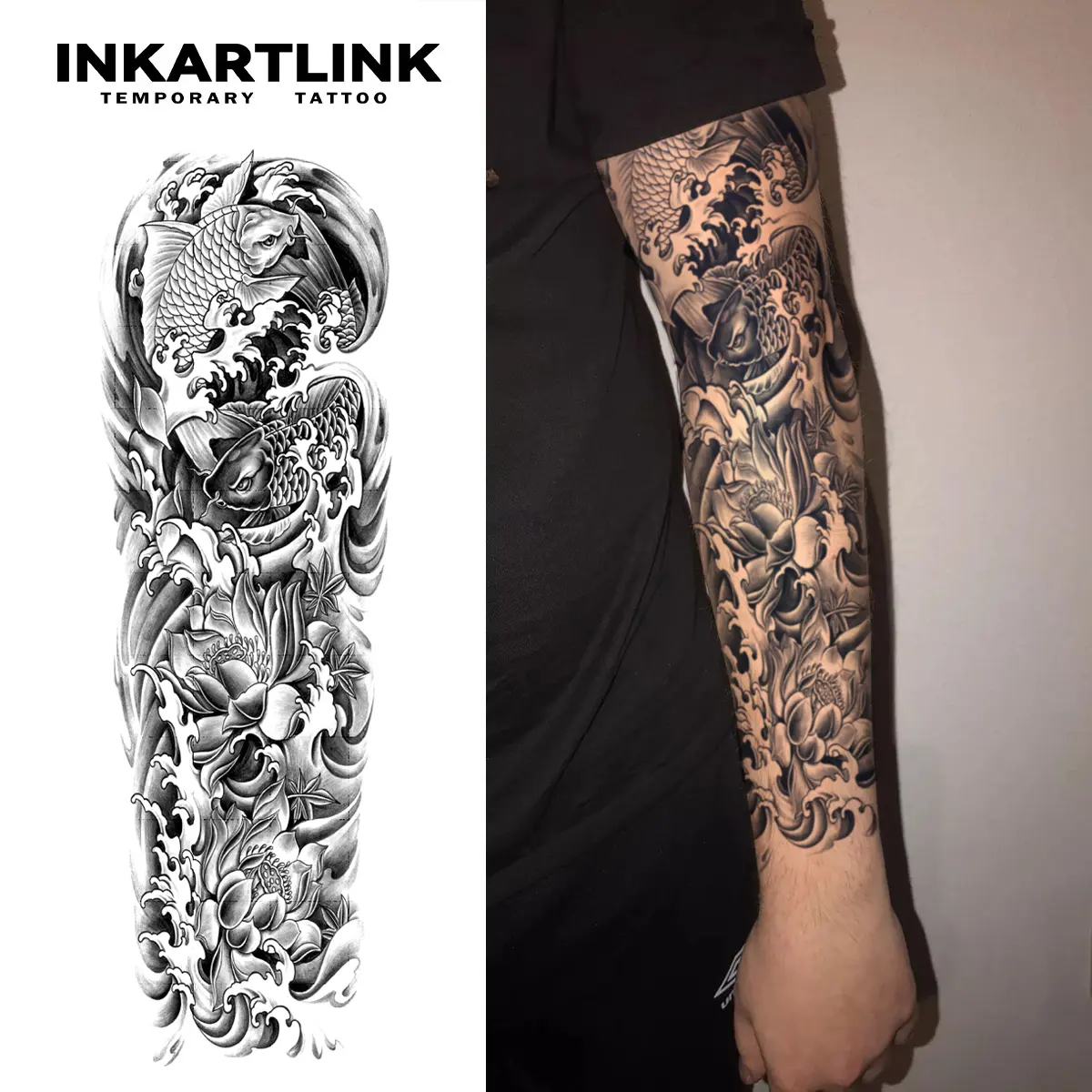 新品　RUKAHI  TATOO PRINT LONG SLEEVE Large Arm Sleeve Tattoo Japanese Prajna Carp Dragon Waterproof