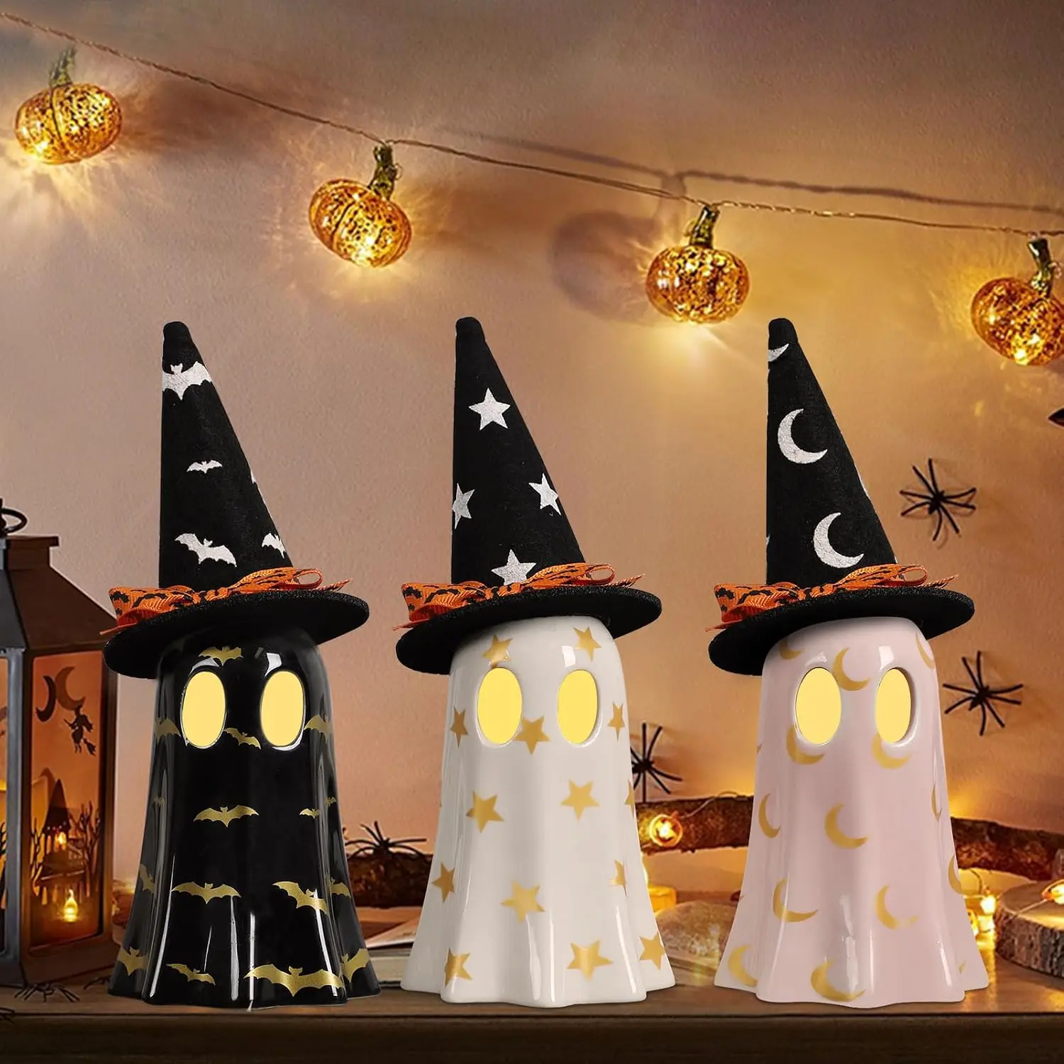 Set of 3 Halloween Ceramic Ghost Figurines with Witch Hats Cute Spooky Light Up Ghost Tabletop Statues Decorative Centerpiece for Fireplace Mantel Shelf Desk Room Indoor Halloween Decor