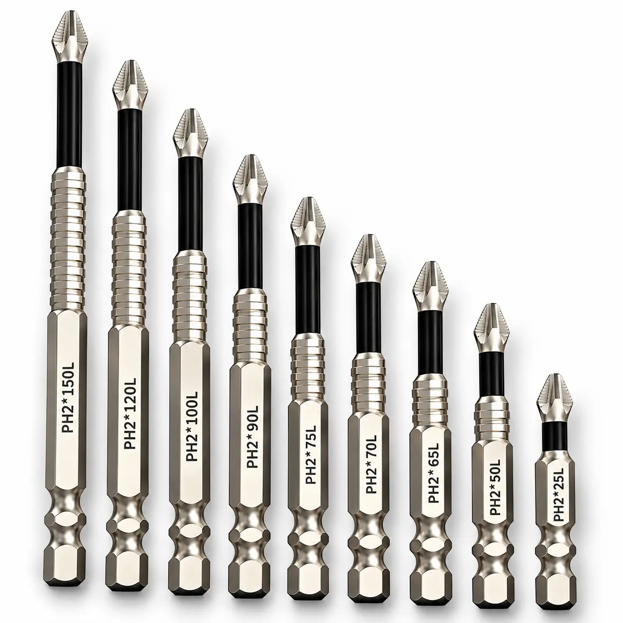 9PCS PH2 Magnetic Phillips Screwdriver Bit Set, 25–150mm Lengths, 1/4" Hex Shank Short & Long Screwdriver Bits for Compatible Power Drills, Furniture Assembly, Household Repairs & DIY Projects