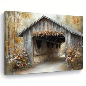 2D Flat 1pc With solid wood frame Halloween Christmas 2D Flat 1pc With solid wood frame Christmas 1-piece canvas painting with wooden frame - Quiet autumn covered bridge, rural landscape art, wall decoration for living room, bedroom, kitchen, 11.8x 15.7in
