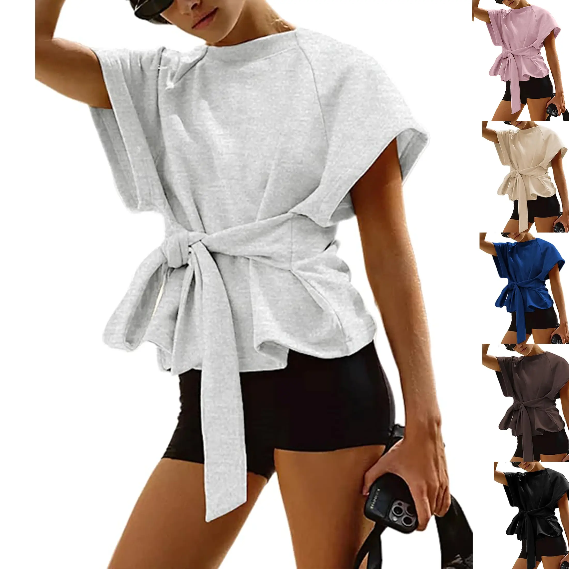 Wandal Women Crewneck Short Sleeve Front Tie Knot Wrap T Shirts Loose Waist Solid Casual Summer Daily Street OOTD Figure Flattering Basic Tee