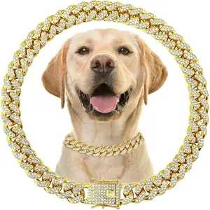 MiMi Dog Collar Christmas Pet Collar Inlaid with Diamonds Cuban Style Suitable for Large Medium Small Cats Dogs Pet Accessories with Safety Buckle Gold Necklace