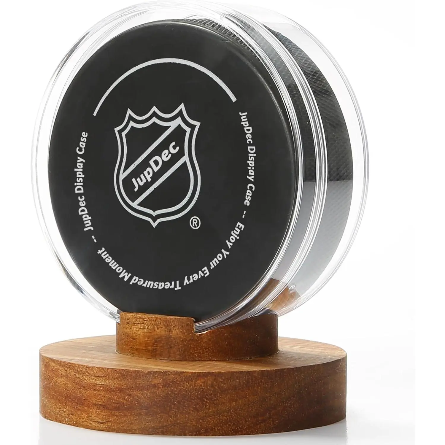 Acrylic Clear Hockey Puck Display Case with Wood Base, Autograph Souvenir Display Stand, Perfect Showcase for Your Collection, Brown, 1 Pack