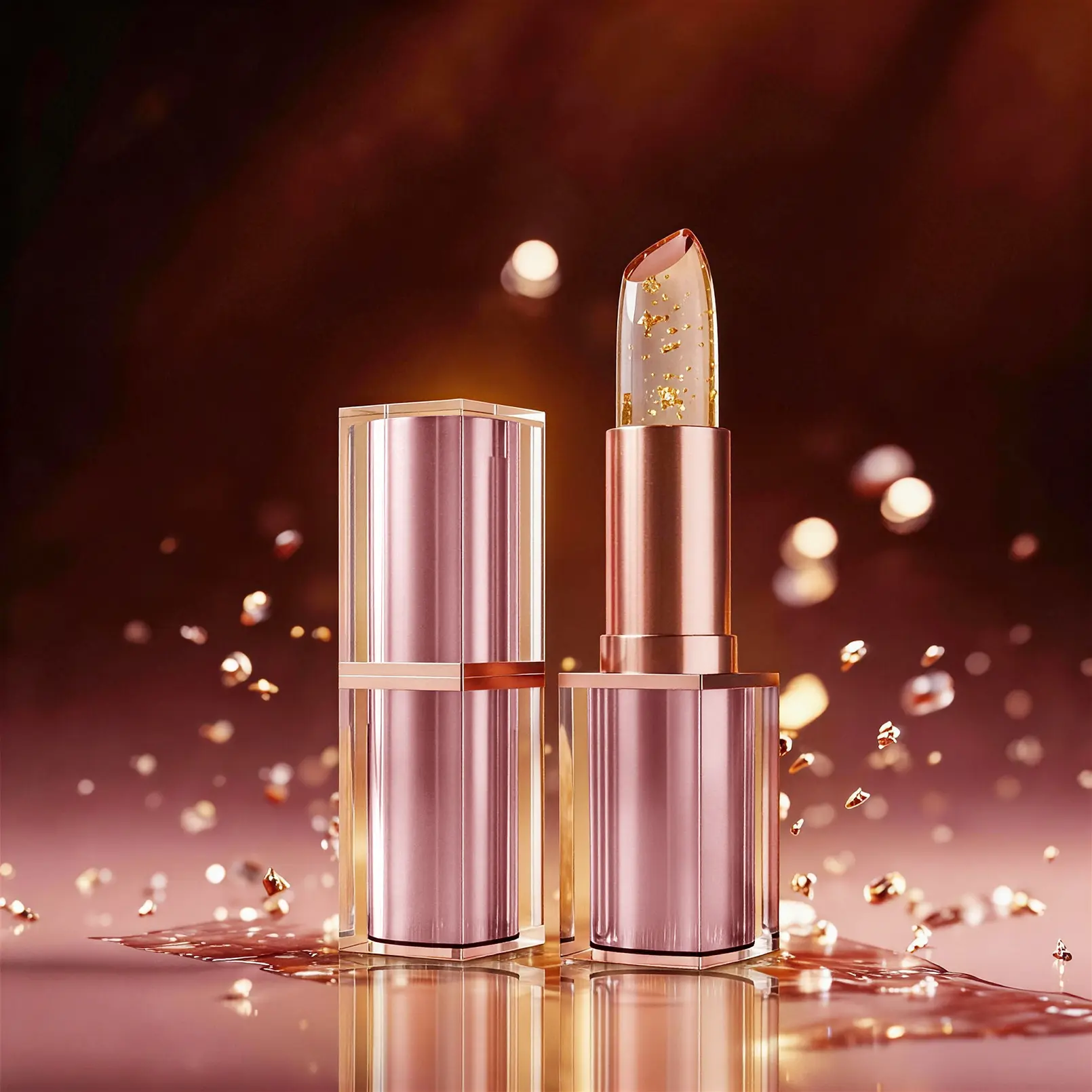 [QIC]PINK LUXE Gold Leaf Temperature Color Changing Lipstick, [QIC]Plant Extract Vitamin E Nourishing Lip Balm, Long Lasting Non-Sticky Cup, Hydrating Glossy Lip Makeup for Dry Lips
