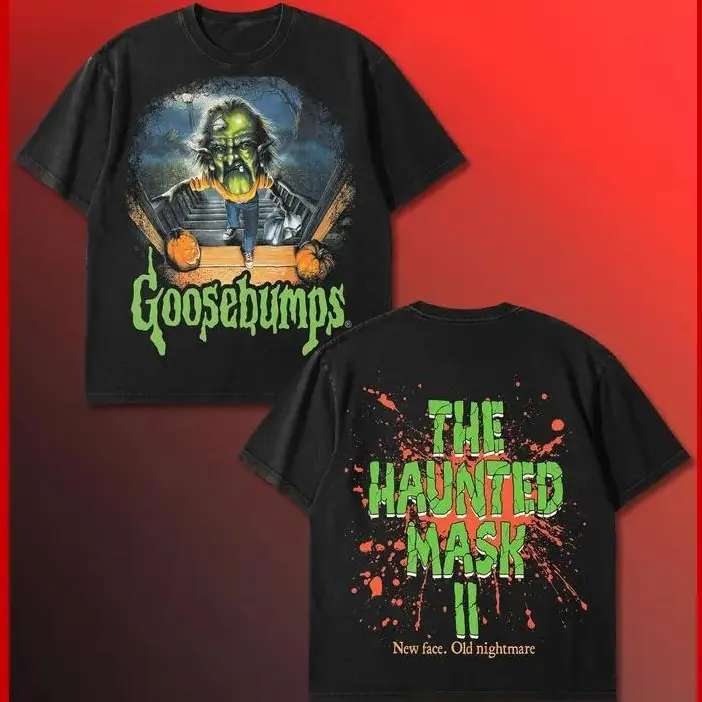 Goosebumps Graphic Tee, The Haunted Mask II Back Print Shirt, RL Stine 90s Vintage Book Cover T-Shirt, Spooky Nostalgia Horror Fan Gift, Halloween Pumpkin Cinema Merch, Retro Slime Green Wash Streetwear