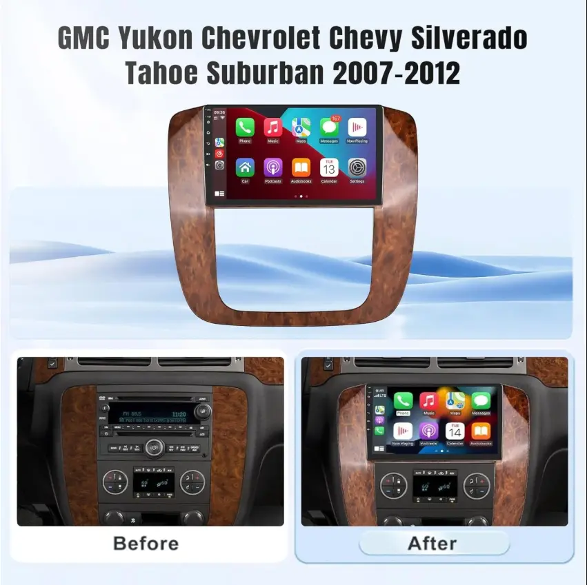 Junsun 9-in Android 13 Car Radio Stereo for GMC Yukon, Chevrolet Silverado/Tahoe/Suburban 2007-2012 - Car Audio, Wireless CarPlay, Auto GPS Navigation, Tempered Glass Touch Screen, RCA, USB Port, MP4 Multimedia Video Player (2026 Father's Day Gift), Russi