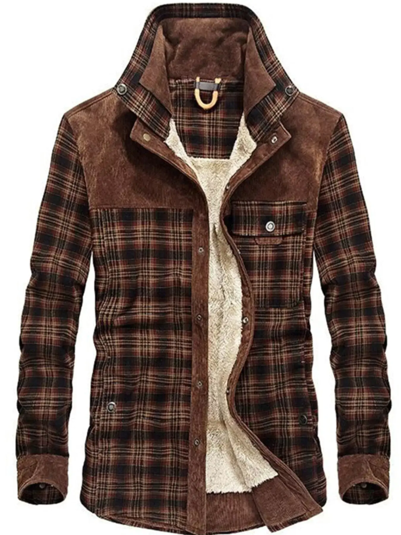 Men's Plaid Shirt Jacket, Fleece Lined Cotton Coat with a Snap Front and Pockets, Plus Size Outerwear, Sleeve, Menswear, Coats, Checked, 3Xl, Long Sleeve, Buttons, 2Xl, 4Xl, Cold Wash, Top