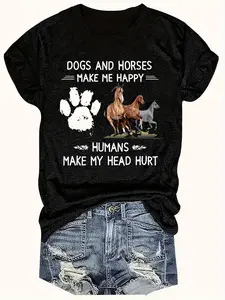 Women's Casual Knit T-Shirt with Dog & Horse Print & "Dogs & Horses Make Me Happy" Slogan - 100% Cotton Lightweight Breathable Slightly Stretchy Round Neck Short Sleeve Top for All Seasons, Ladies T Shirts