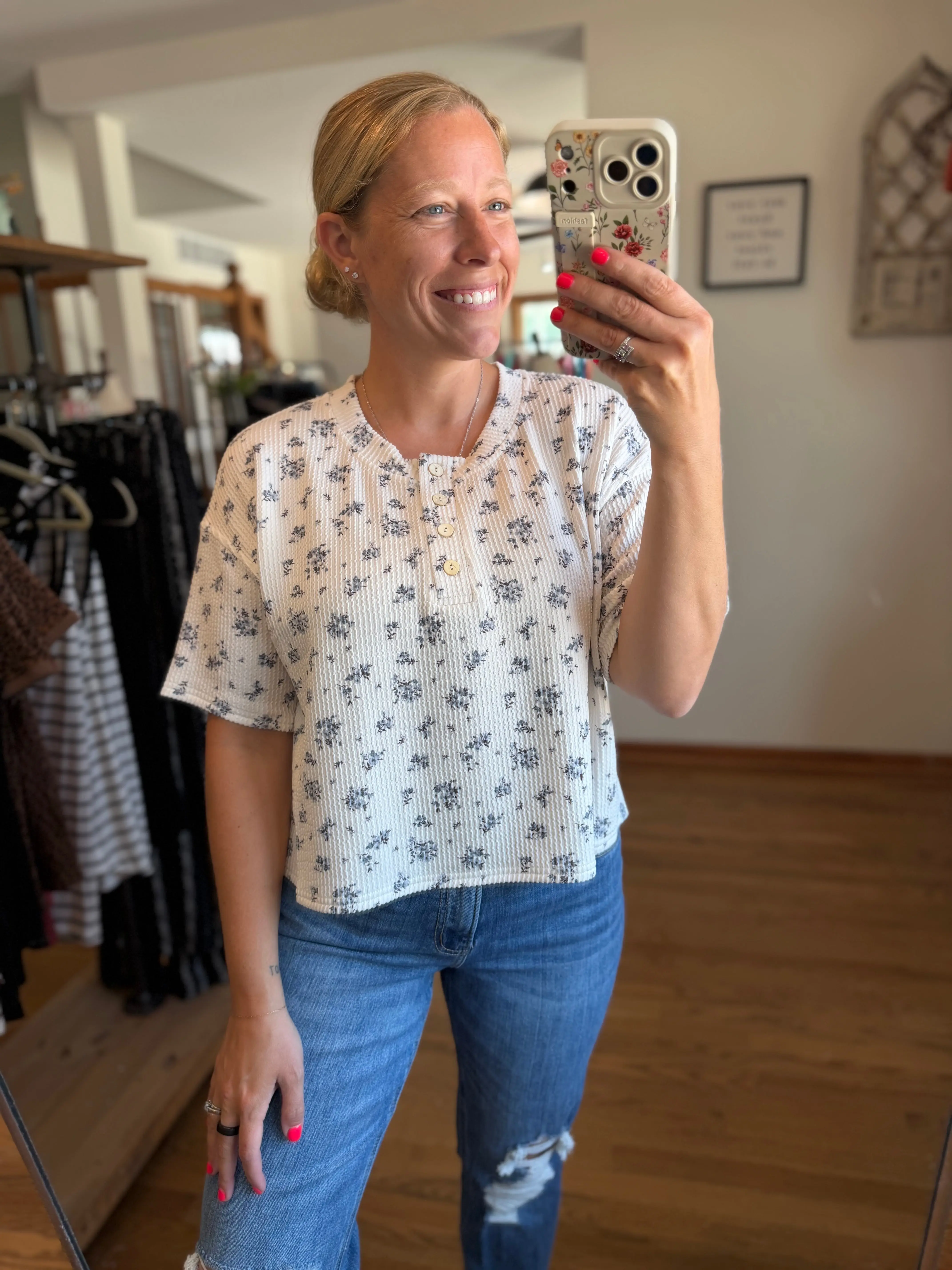 Ivory Floral Henley Short Sleeve Ribbed Top
