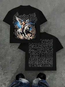 Men's Graphic Print Round Neck Short Sleeve T-Shirt Fitted, Lightning Horse and Angel Pattern, Casual Streetwear, Comfortable Outdoor Wear