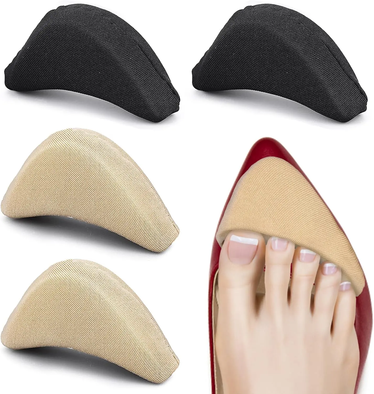 1 Pair Black/Nude Toe Cushion Pads – Soft Forefoot Comfort Inserts for High Heels, Flats, Pumps & Everyday Walking